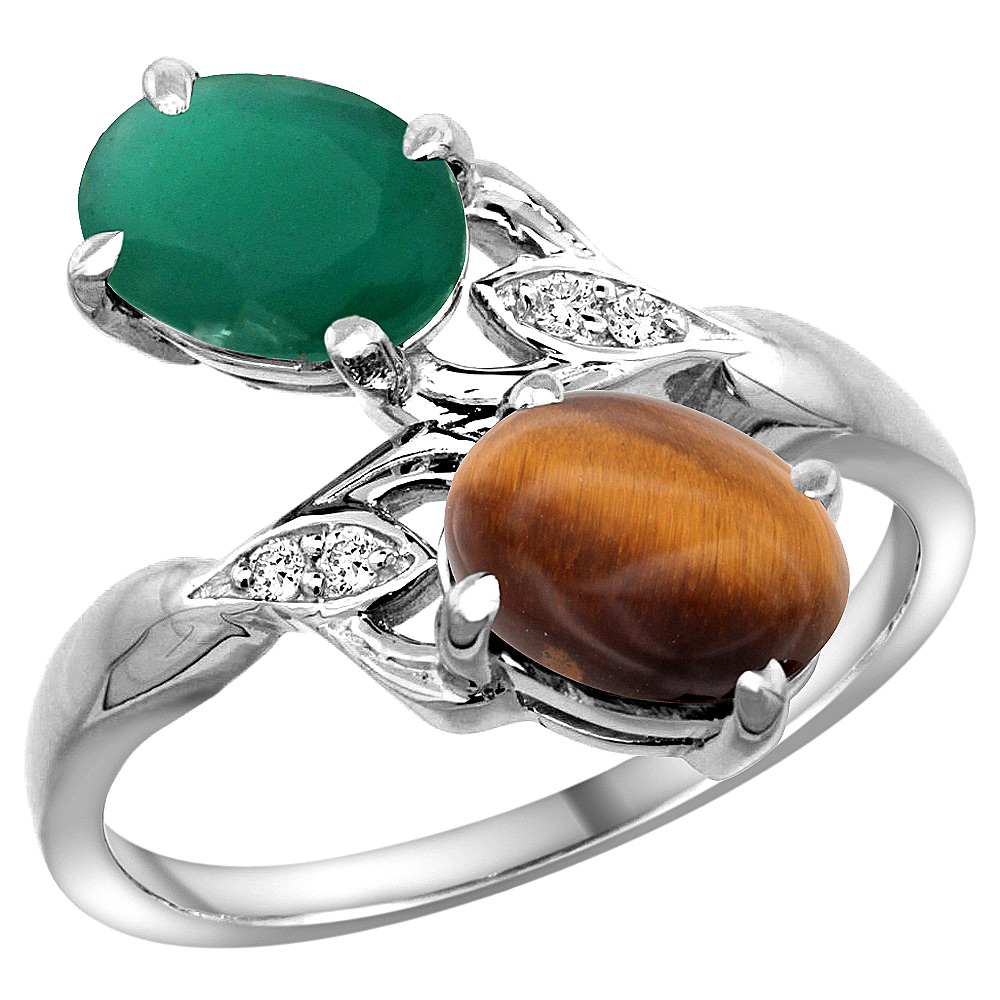 10K White Gold Diamond Natural Emerald Tiger Eye 2-stone Mothers Ring Oval 8x6mm size 5 - 10