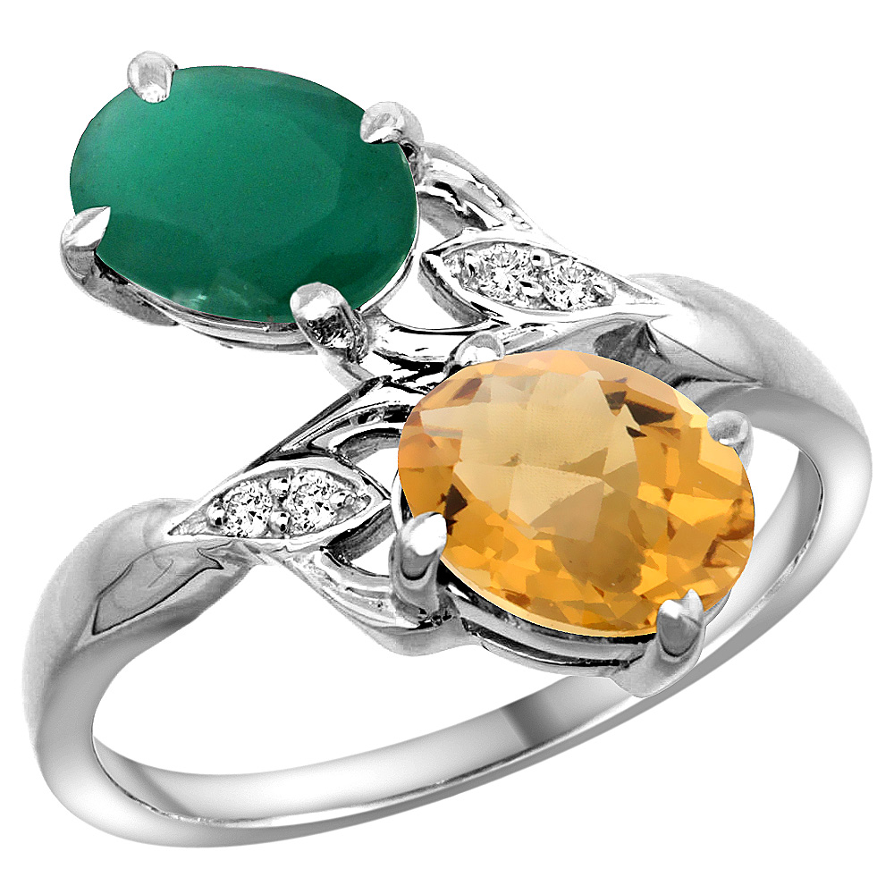 10K White Gold Diamond Natural Emerald Whisky Quartz 2-stone Mothers Ring Oval 8x6mm size 5 - 10