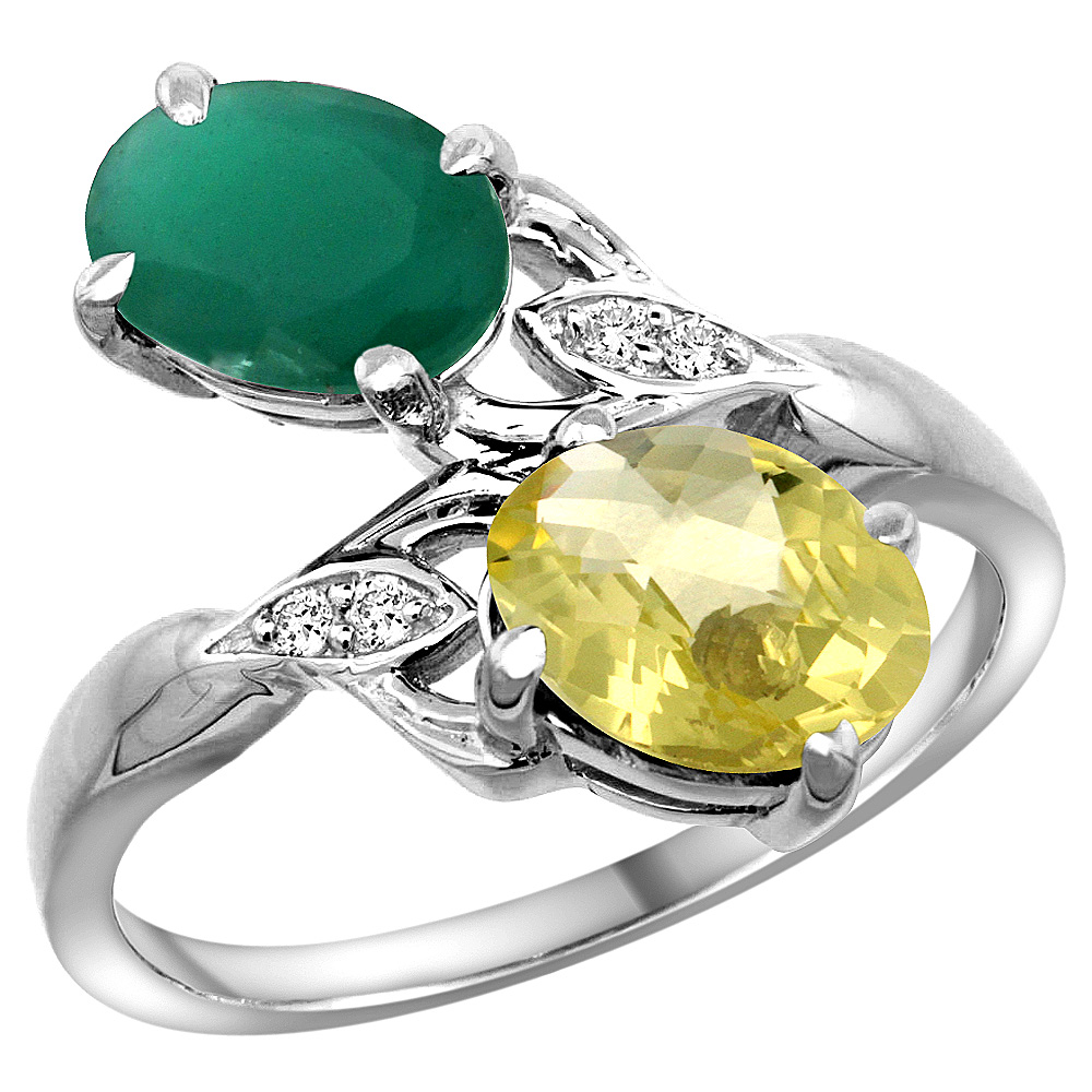 10K White Gold Diamond Natural Emerald Lemon Quartz 2-stone Mothers Ring Oval 8x6mm size 5-10