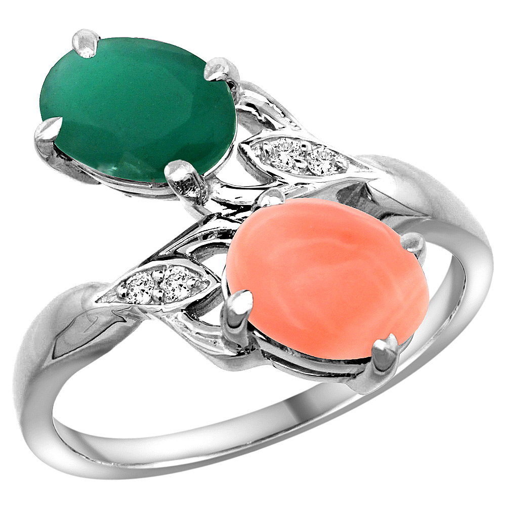 10K White Gold Diamond Natural Emerald Coral 2-stone Mothers Ring Oval 8x6mm size 5 - 10