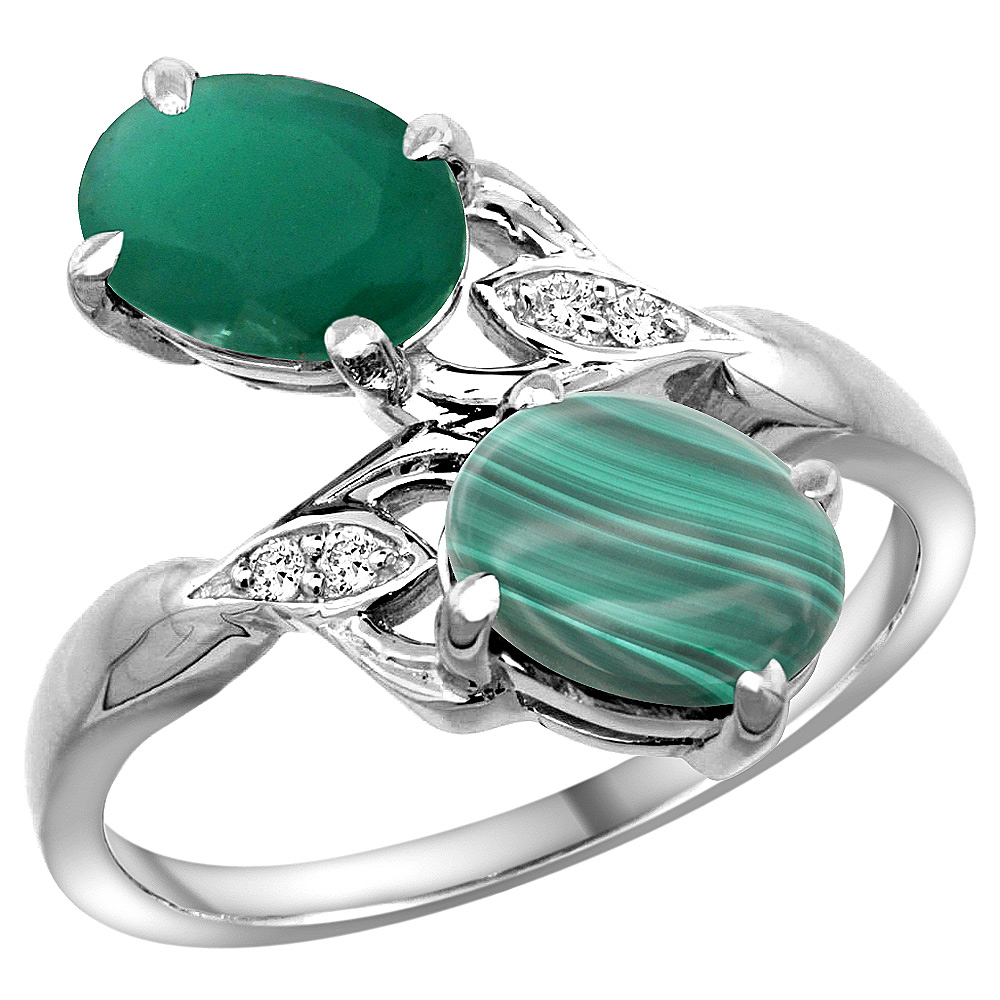 10K White Gold Diamond Natural Emerald Malachite 2-stone Mothers Ring Oval 8x6mm size 5 - 10