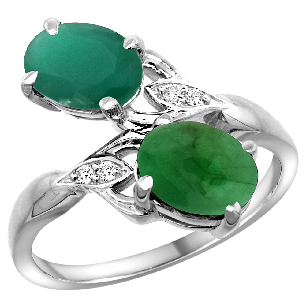 10K White Gold Diamond Natural Emerald Cabochon Emerald 2-stone Mothers Ring Oval 8x6mm size 5-10