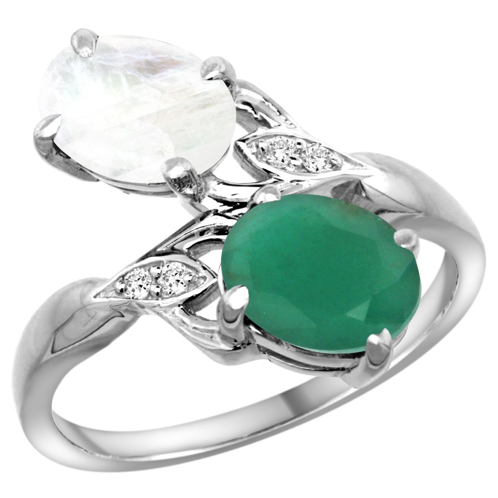 14k White Gold Diamond Natural Quality Emerald&Rainbow Moonstone 2-stone Mothers Ring Oval 8x6mm,sz5 - 10