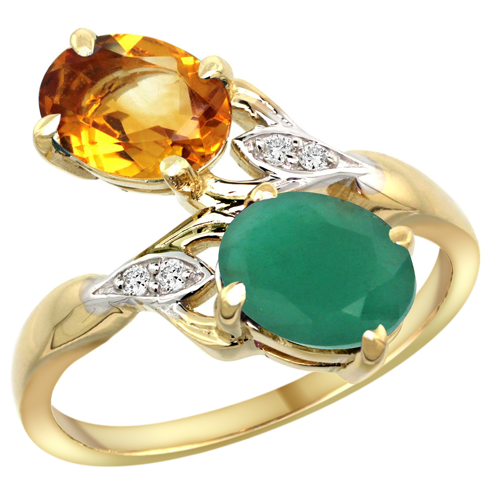 10K Yellow Gold Diamond Natural Citrine Emerald 2-stone Mothers Ring Oval 8x6mm size 5 - 10