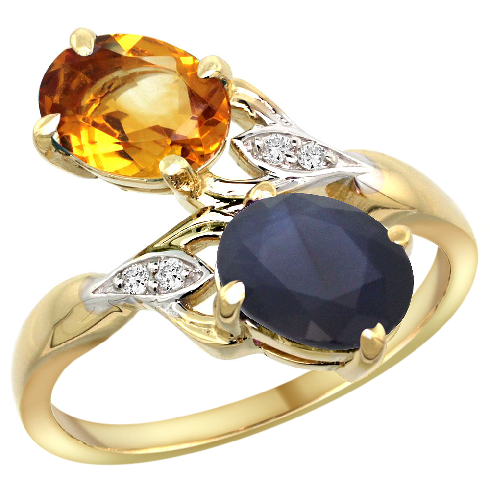 10K Yellow Gold Diamond Natural Citrine Blue Sapphire 2-stone Mothers Ring Oval 8x6mm size 5-10