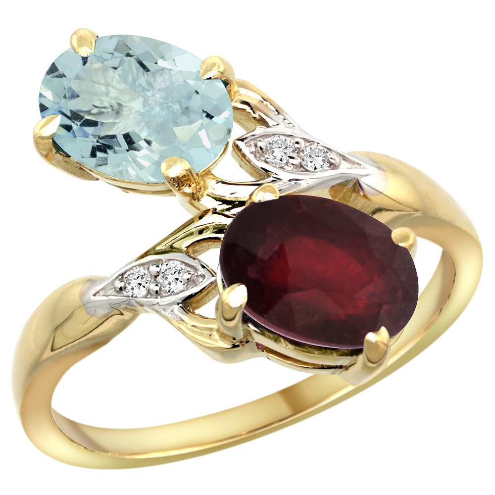 14k Yellow Gold Diamond Natural Aquamarine & Quality Ruby 2-stone Mothers Ring Oval 8x6mm, size 5 - 10