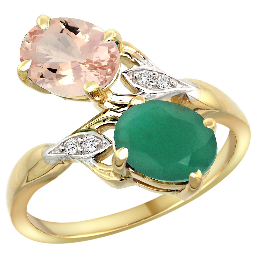 10K Yellow Gold Diamond Natural Morganite Emerald 2-stone Mothers Ring Oval 8x6mm size 5 - 10