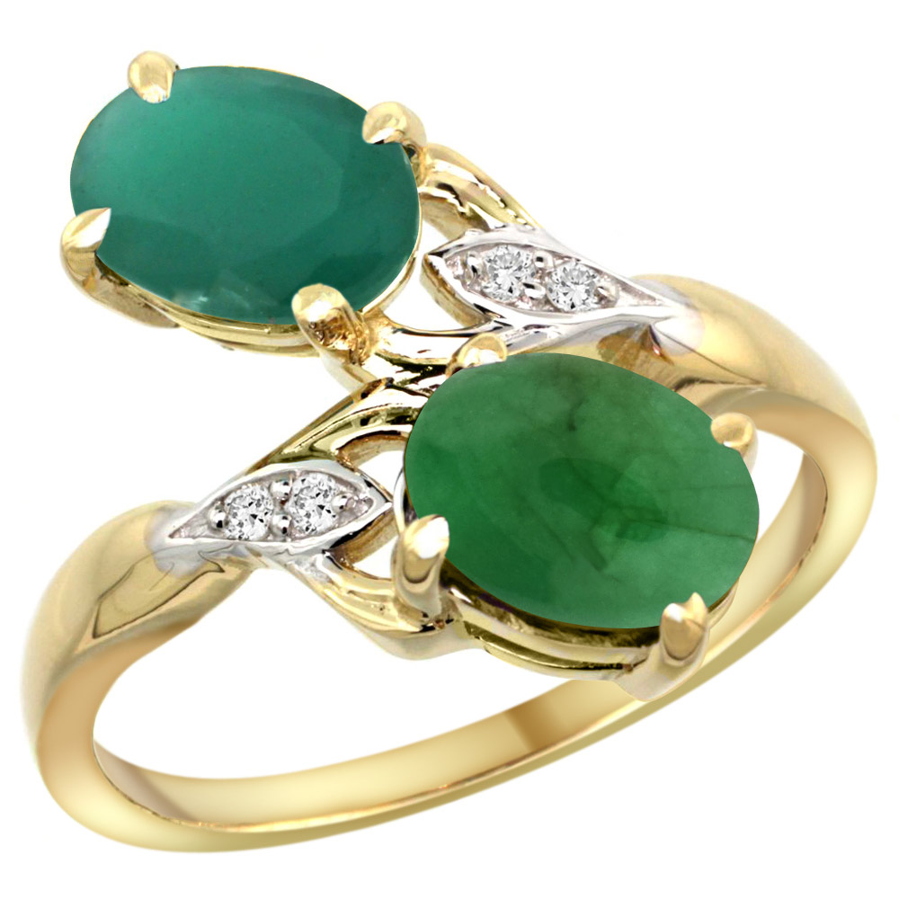 10K Yellow Gold Diamond Natural Emerald Cabochon Emerald 2-stone Mothers Ring Oval 8x6mm size 5 - 10