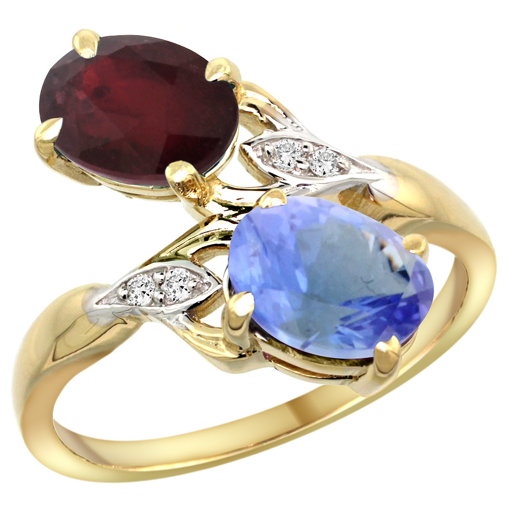10K Yellow Gold Diamond Natural Ruby Tanzanite 2-stone Mothers Ring Oval 8x6mm size 5 - 10