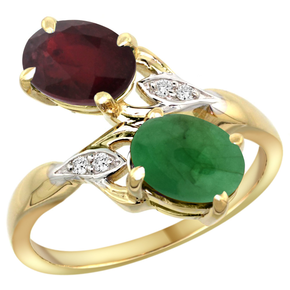 10K Yellow Gold Diamond Natural Ruby Cabochon Emerald 2-stone Mothers Ring Oval 8x6mm size 5-10