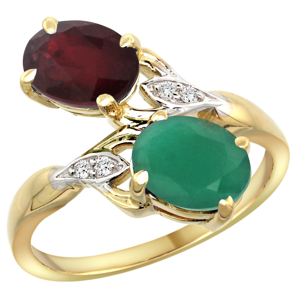 10K Yellow Gold Diamond Natural Ruby Emerald 2-stone Mothers Ring Oval 8x6mm size 5 - 10