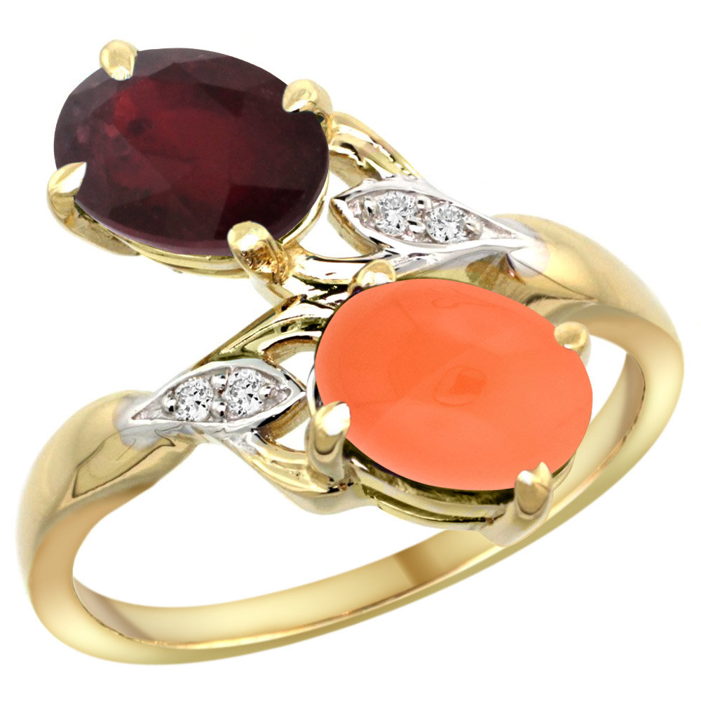10K Yellow Gold Diamond Natural Ruby Orange Moonstone 2-stone Mothers Ring Oval 8x6mm size 5 - 10