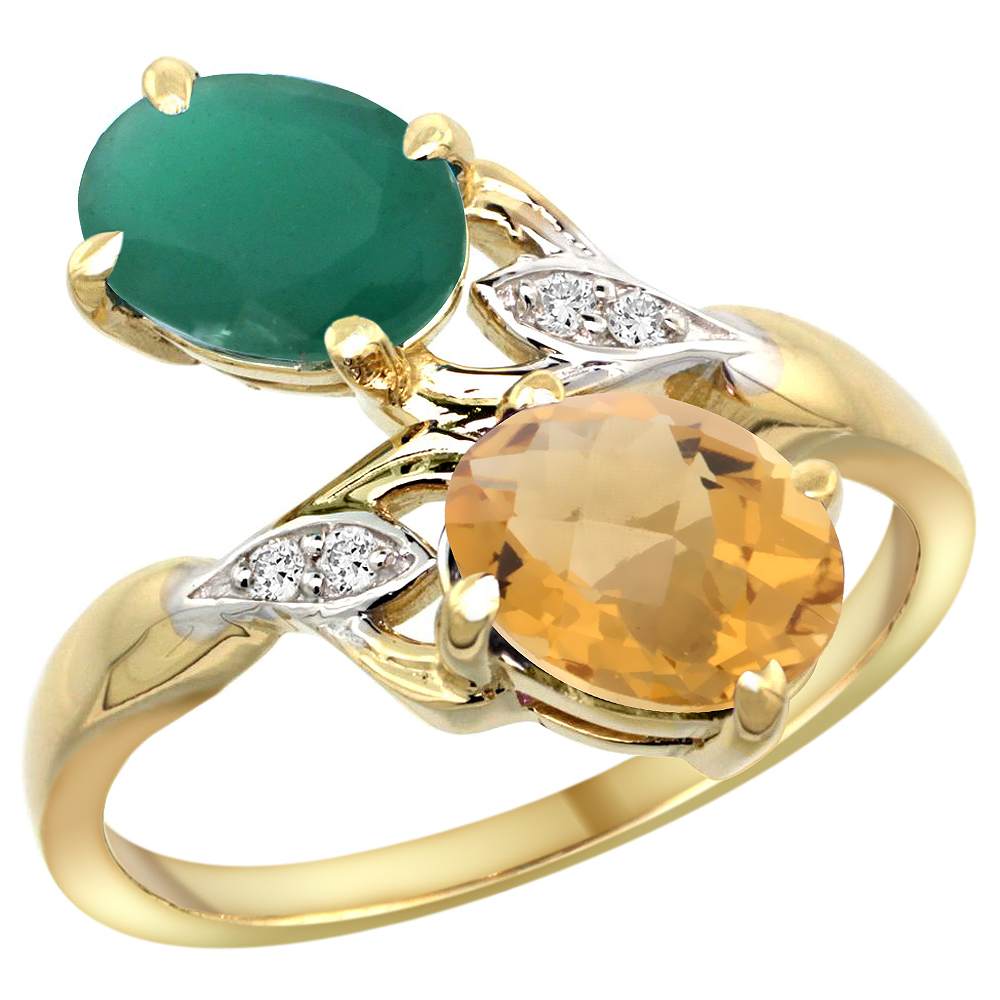 10K Yellow Gold Diamond Natural Emerald Whisky Quartz 2-stone Mothers Ring Oval 8x6mm size 5 - 10