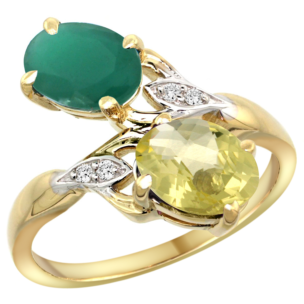 10K Yellow Gold Diamond Natural Emerald Lemon Quartz 2-stone Mothers Ring Oval 8x6mm size 5 - 10