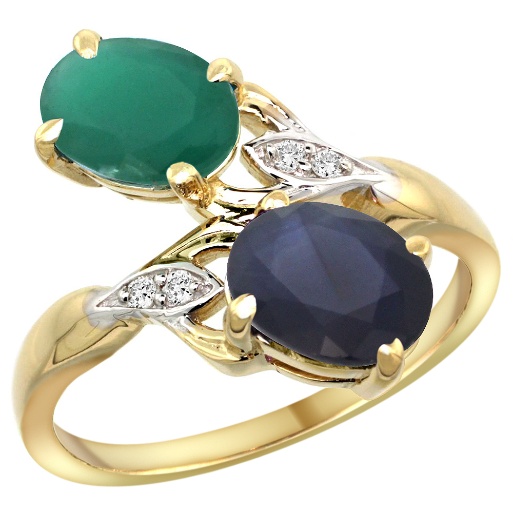 10K Yellow Gold Diamond Natural Emerald Australian Sapphire 2-stone Ring Oval 8x6mm size 5-10