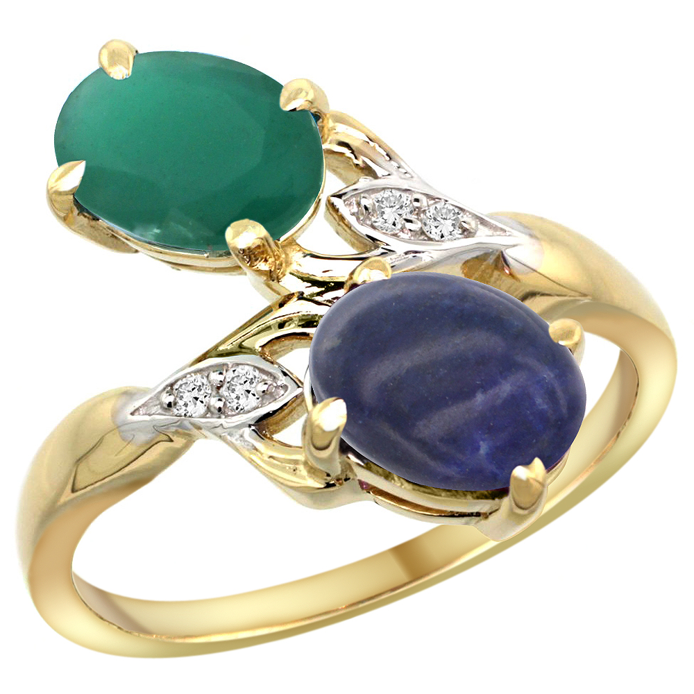 10K Yellow Gold Diamond Natural Emerald Lapis 2-stone Mothers Ring Oval 8x6mm size 5 - 10