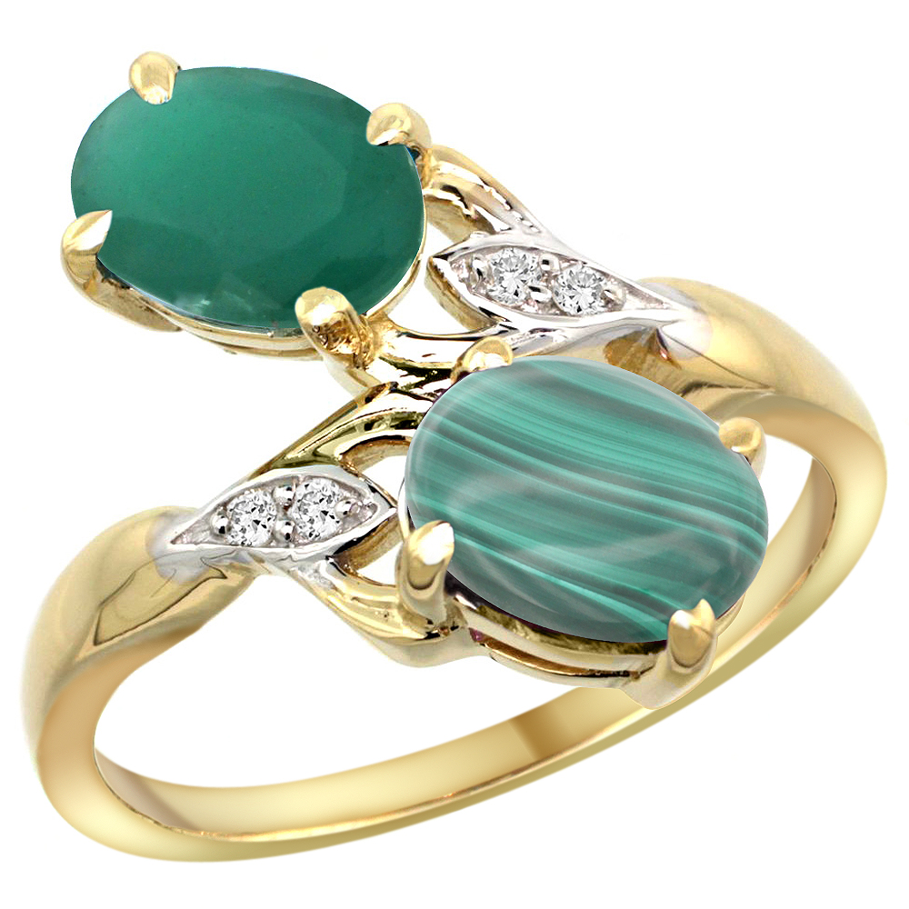 10K Yellow Gold Diamond Natural Emerald Malachite 2-stone Mothers Ring Oval 8x6mm size 5 - 10