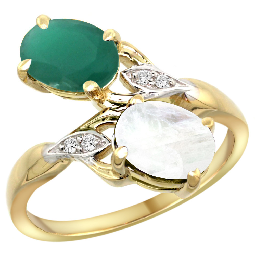 10K Yellow Gold Diamond Natural Emerald Rainbow Moonstone 2-stone Mothers Ring Oval 8x6mm size 5-10