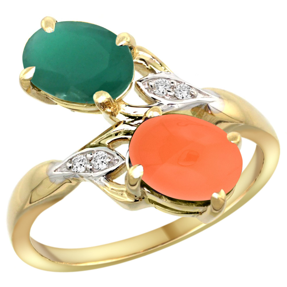 10K Yellow Gold Diamond Natural Emerald Orange Moonstone 2-stone Mothers Ring Oval 8x6mm size 5 - 10