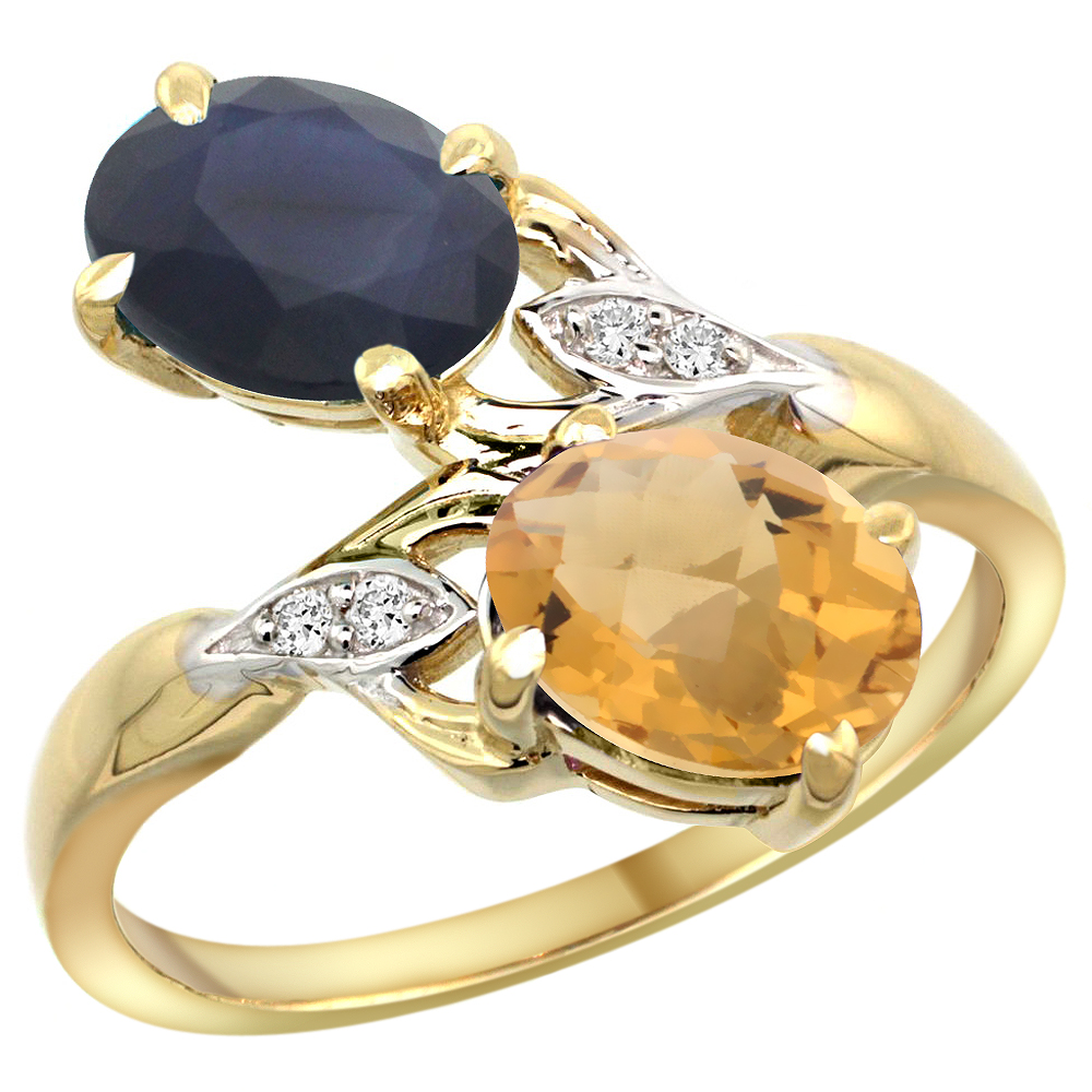 10K Yellow Gold Diamond Natural Blue Sapphire Whisky Quartz 2-stone Mothers Ring Oval 8x6mm size 5-10