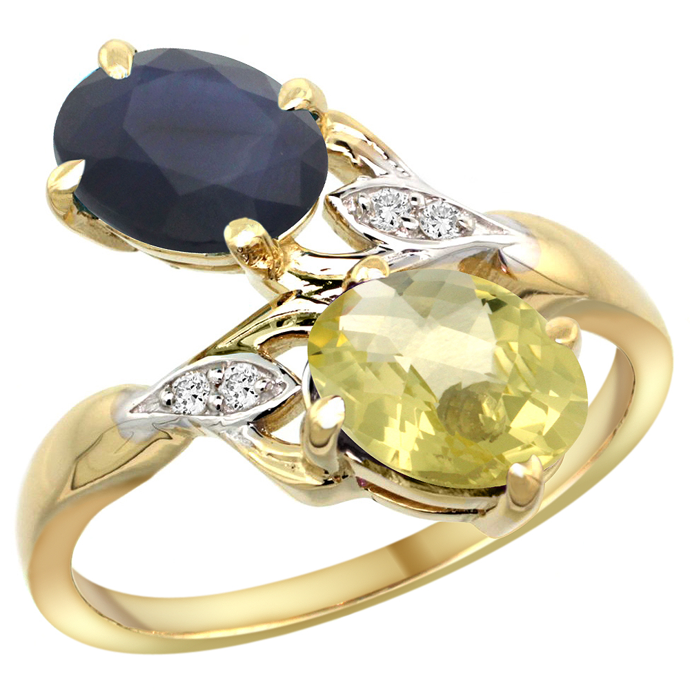 10K Yellow Gold Diamond Natural Blue Sapphire Lemon Quartz 2-stone Mothers Ring Oval 8x6mm size 5-10