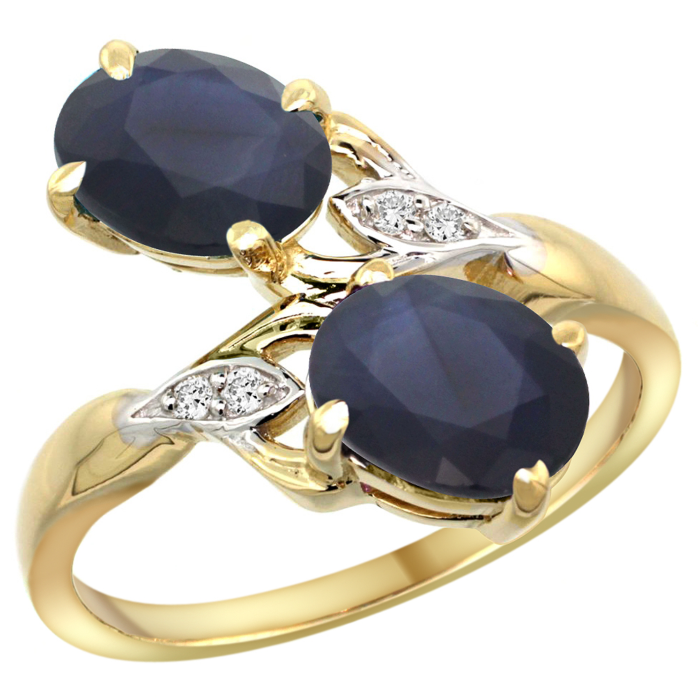 10K Yellow Gold Diamond Natural Blue Sapphire Australian Sapphire 2-stone Ring Oval 8x6mm size 5-10