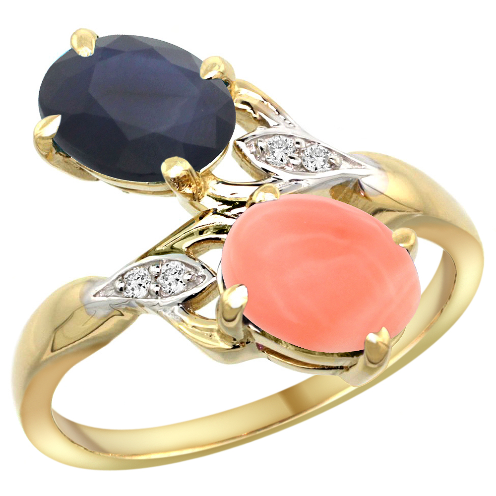 10K Yellow Gold Diamond Natural Blue Sapphire Coral 2-stone Mothers Ring Oval 8x6mm size 5 - 10