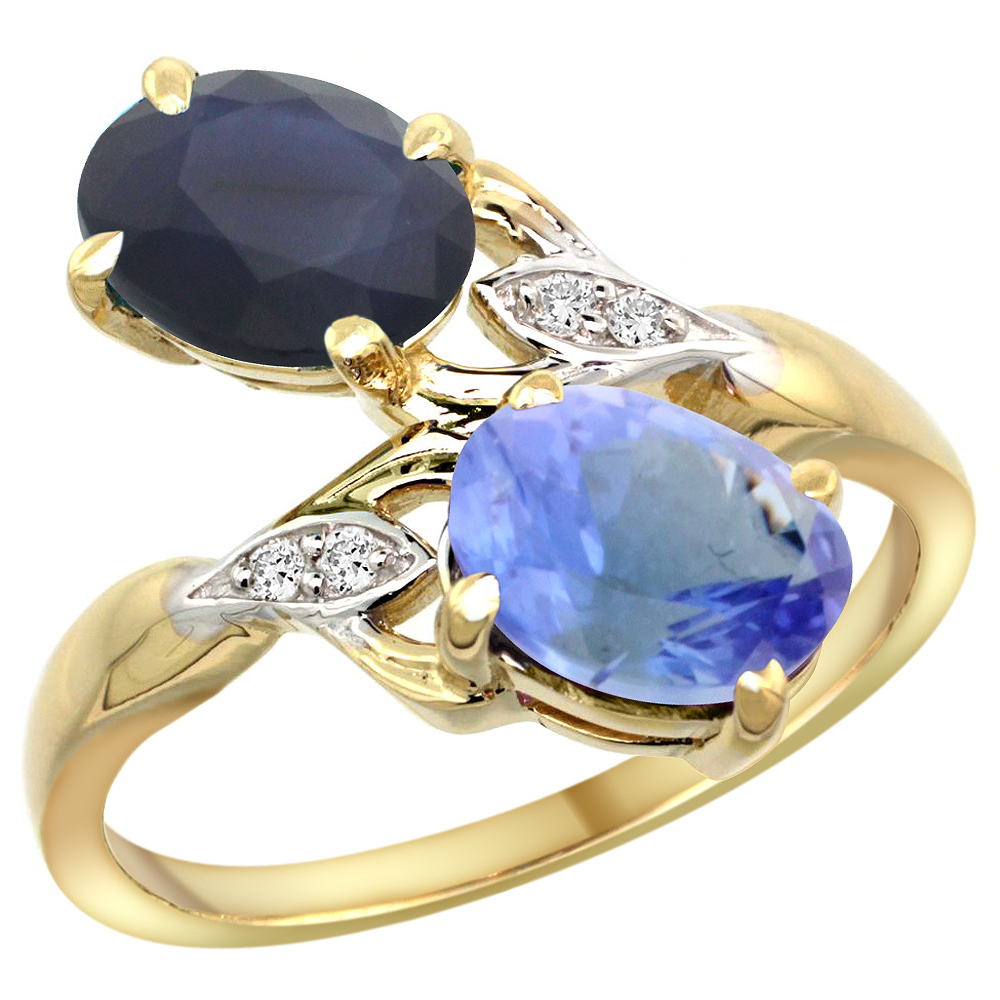 10K Yellow Gold Diamond Natural Blue Sapphire Tanzanite 2-stone Mothers Ring Oval 8x6mm size 5-10