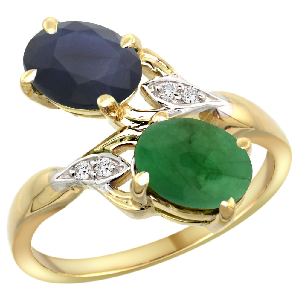 10K Yellow Gold Diamond Natural Blue Sapphire Cabochon Emerald 2-stone Ring Oval 8x6mm size 5-10
