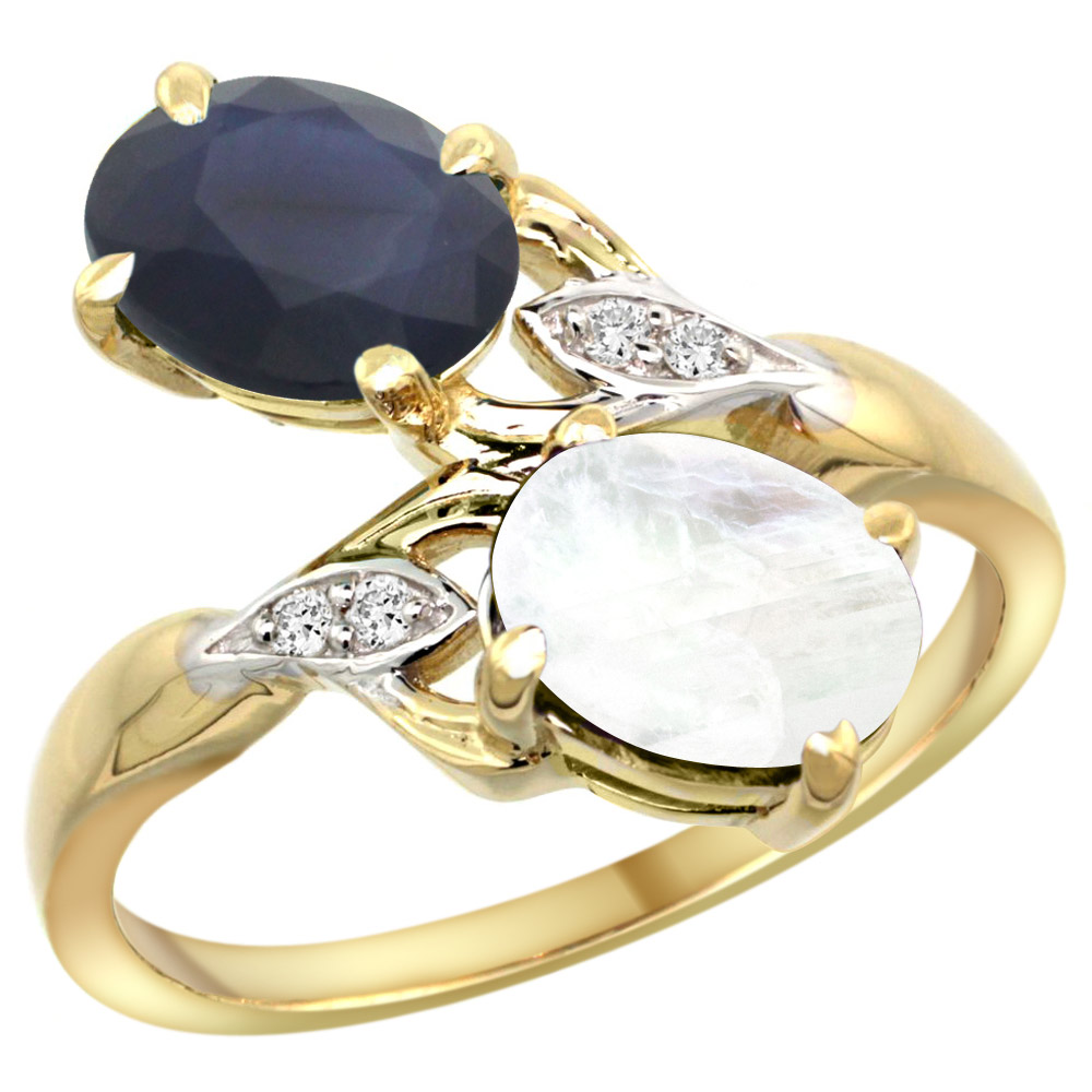 10K Yellow Gold Diamond Natural Blue Sapphire Rainbow Moonstone 2-stone Ring Oval 8x6mm size 5-10