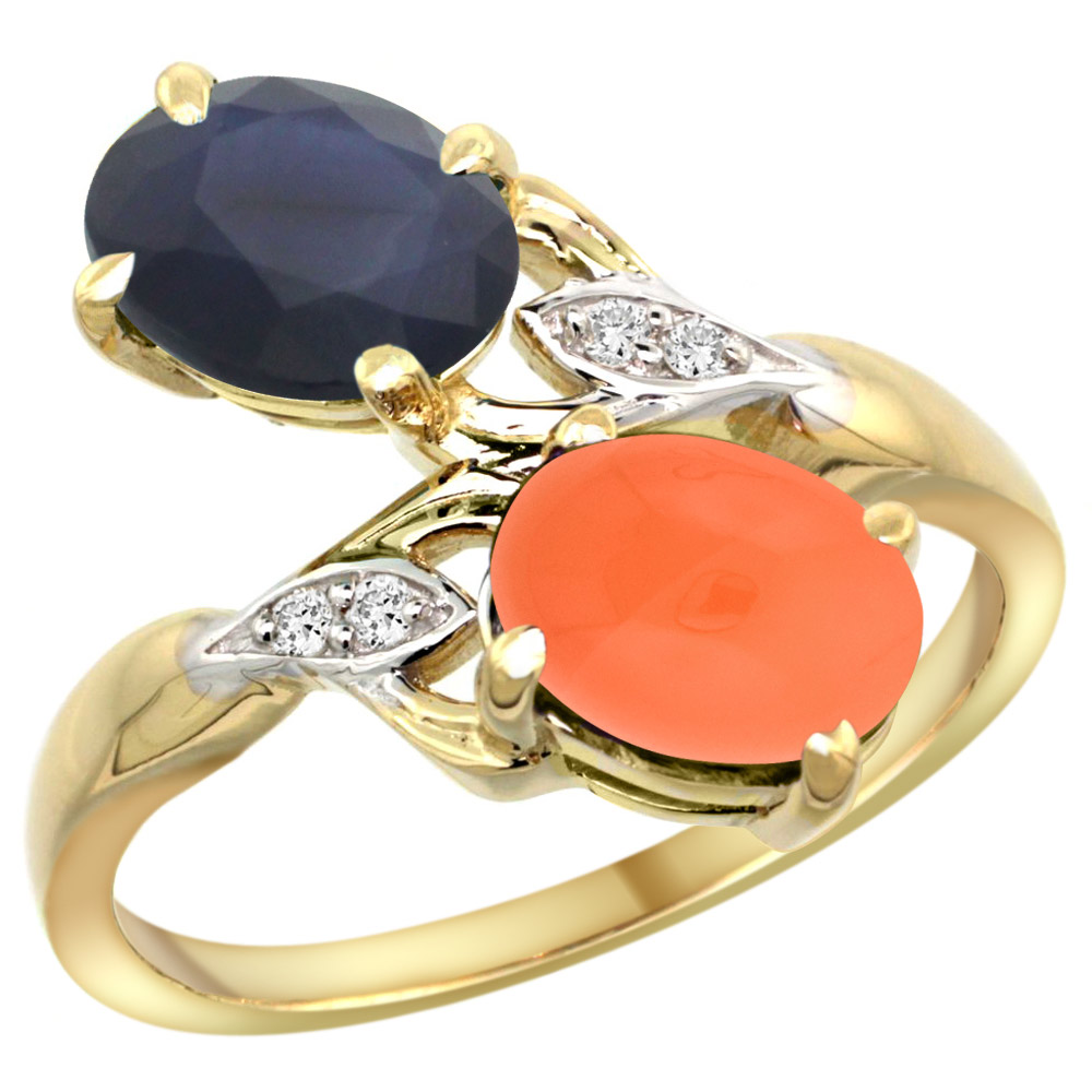 10K Yellow Gold Diamond Natural Blue Sapphire Orange Moonstone 2-stone Ring Oval 8x6mm size 5 - 10