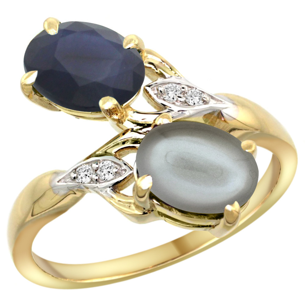 10K Yellow Gold Diamond Natural Blue Sapphire Gray Moonstone 2-stone Ring Oval 8x6mm size 5 - 10