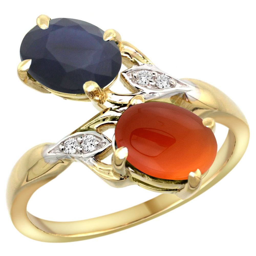 10K Yellow Gold Diamond Natural Blue Sapphire Brown Agate 2-stone Mothers Ring Oval 8x6mm size 5-10