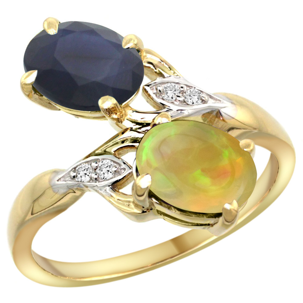 10K Yellow Gold Diamond Natural Blue Sapphire Ethiopian Opal 2-stone Ring Oval 8x6mm size 5 - 10