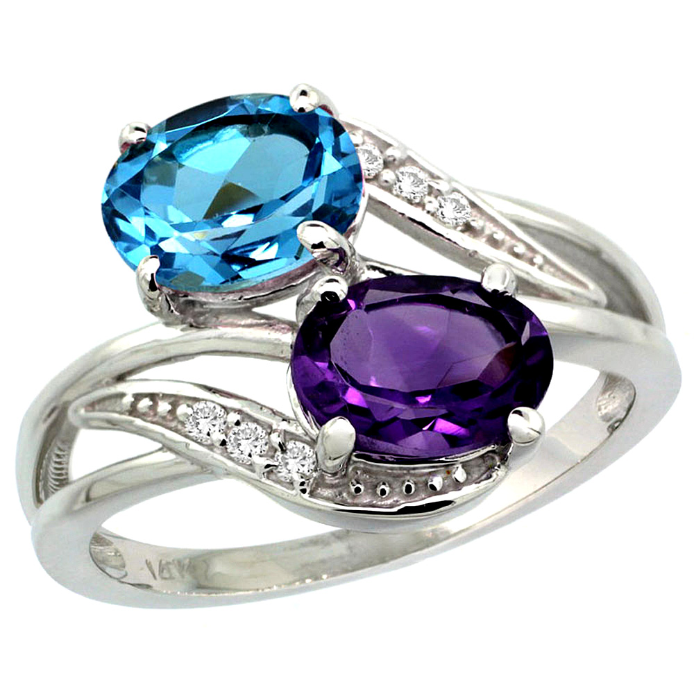10K White Gold Diamond Natural Amethyst & Swiss Blue Topaz 2-stone Ring Oval 8x6mm, sizes 5 - 10