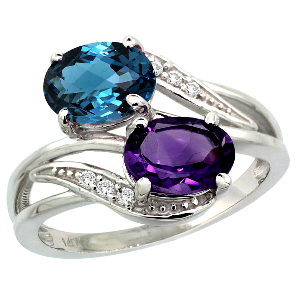 10K White Gold Diamond Natural Amethyst & London Blue Topaz 2-stone Ring Oval 8x6mm, sizes 5 - 10
