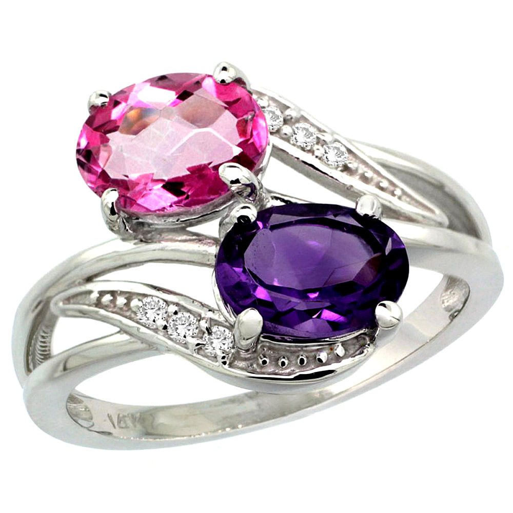 10K White Gold Diamond Natural Amethyst & Pink Topaz 2-stone Ring Oval 8x6mm, sizes 5 - 10
