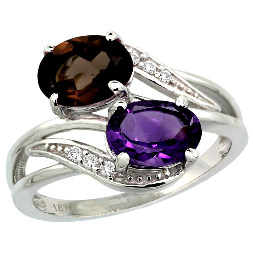 10K White Gold Diamond Natural Amethyst & Smoky Topaz 2-stone Ring Oval 8x6mm, sizes 5 - 10