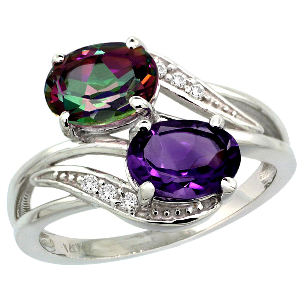 10K White Gold Diamond Natural Amethyst & Mystic Topaz 2-stone Ring Oval 8x6mm, sizes 5 - 10
