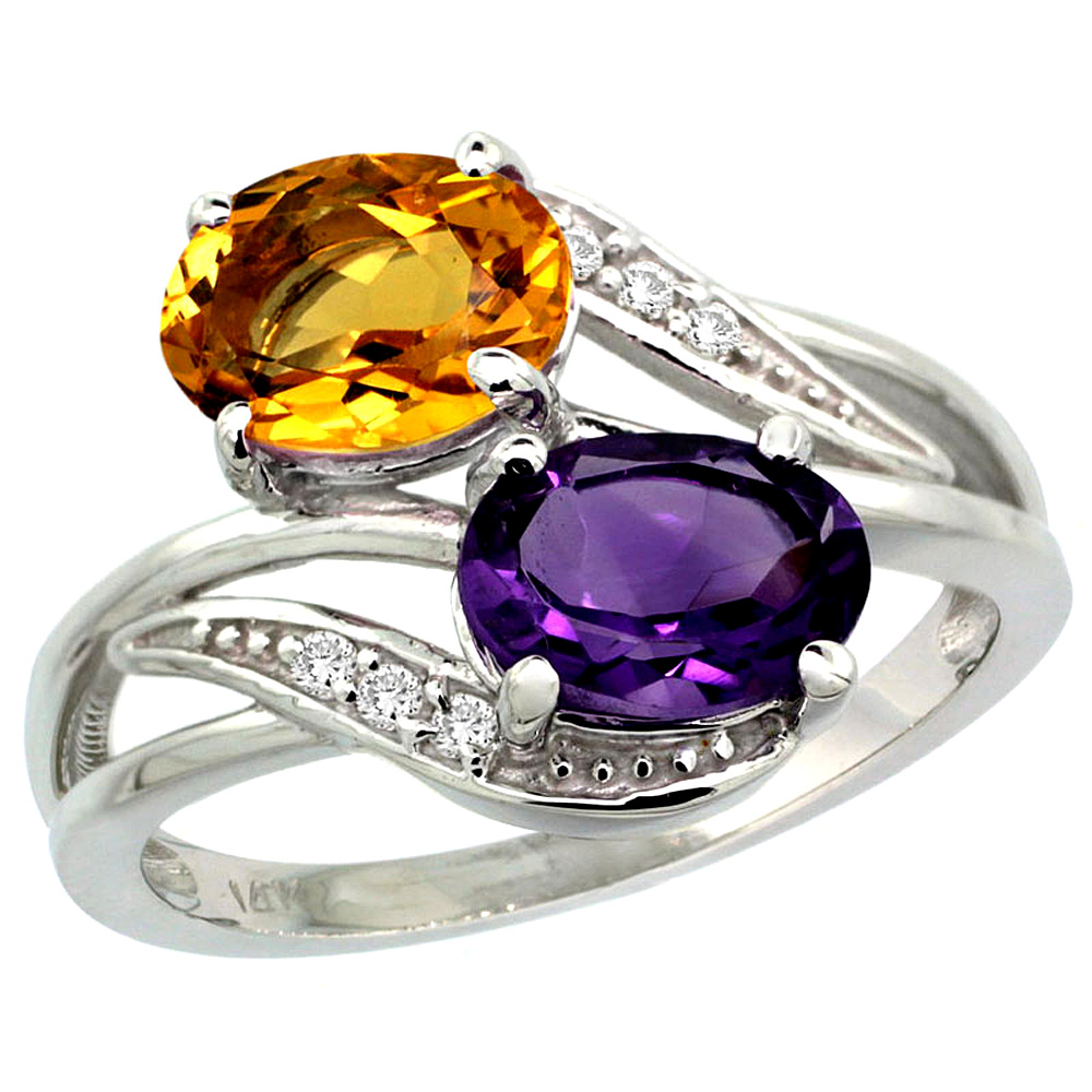 10K White Gold Diamond Natural Amethyst & Citrine 2-stone Ring Oval 8x6mm, sizes 5 - 10