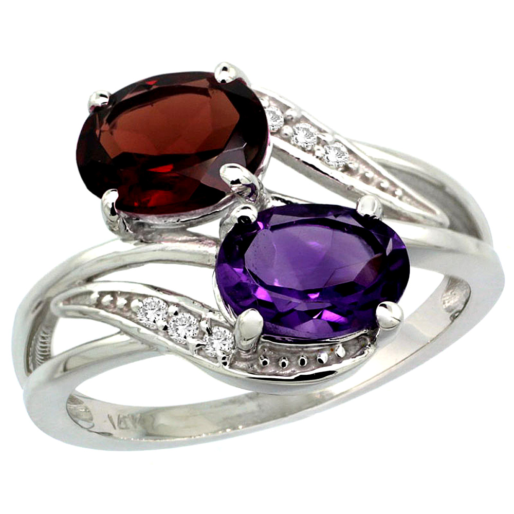 10K White Gold Diamond Natural Amethyst & Garnet 2-stone Ring Oval 8x6mm, sizes 5 - 10