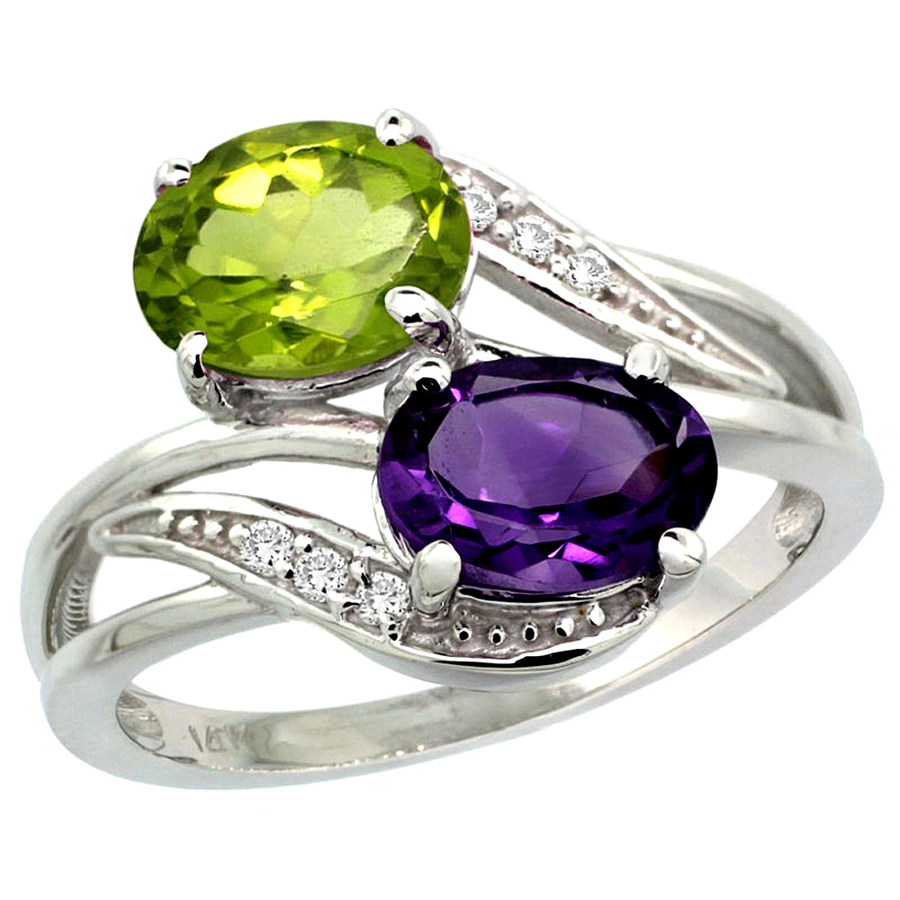 10K White Gold Diamond Natural Amethyst & Peridot 2-stone Ring Oval 8x6mm, sizes 5 - 10