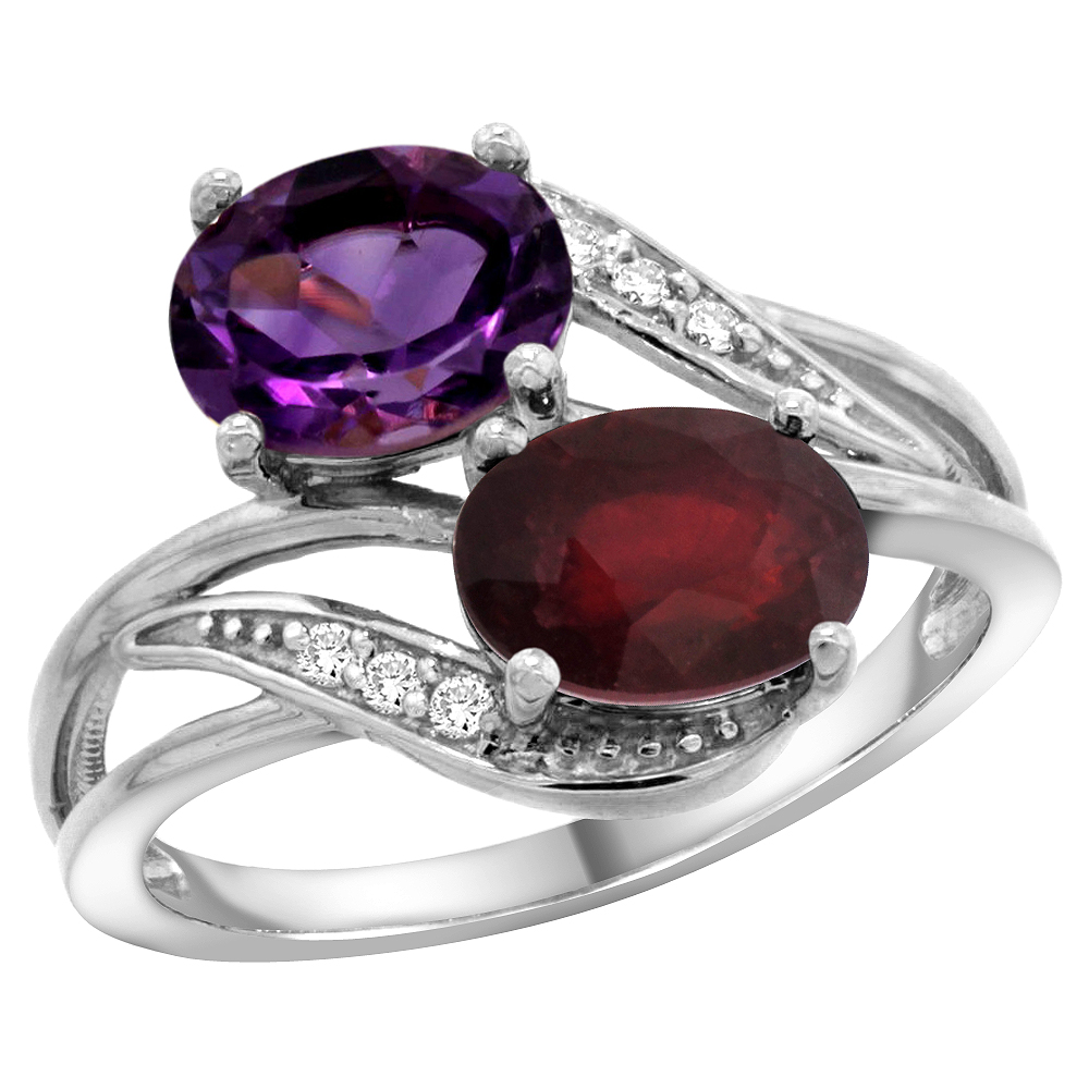 10K White Gold Diamond Natural Amethyst Ruby 2-stone Mothers Ring Oval 8x6mm size 5 - 10