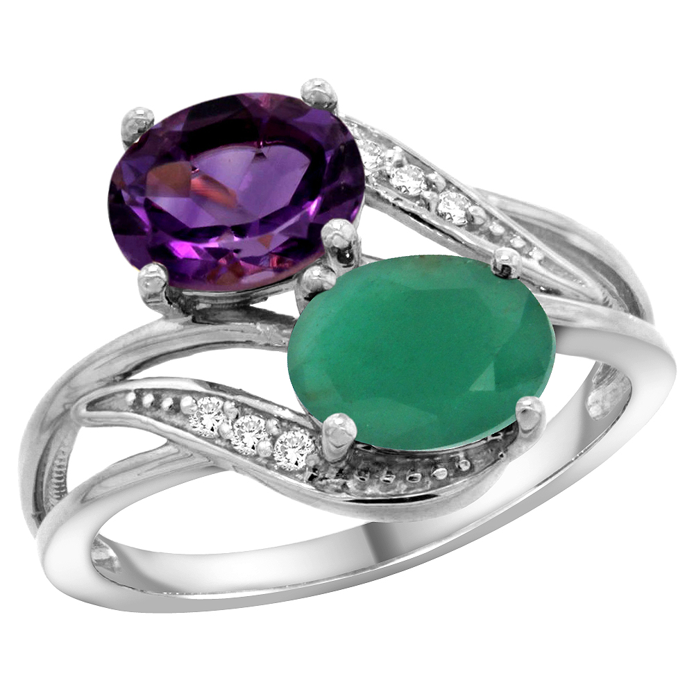 10K White Gold Diamond Natural Amethyst Emerald 2-stone Mothers Ring Oval 8x6mm size 5 - 10