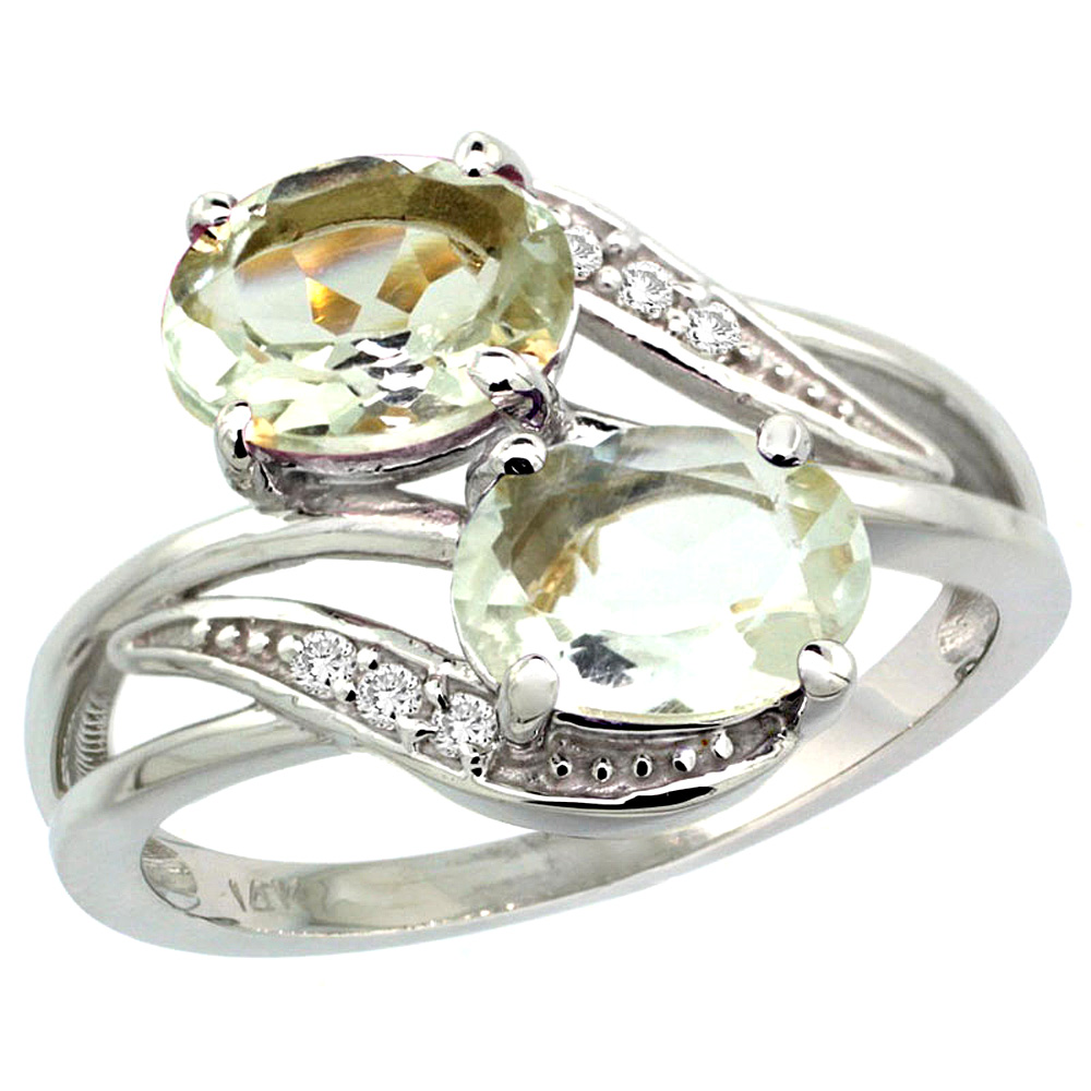 10K White Gold Diamond Natural Green Amethyst 2-stone Ring Oval 8x6mm, sizes 5 - 10