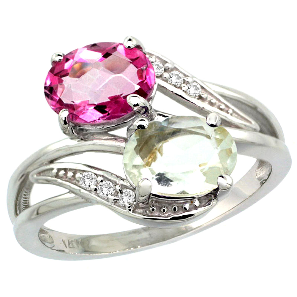 10K White Gold Diamond Natural Green Amethyst & Pink Topaz 2-stone Ring Oval 8x6mm, sizes 5 - 10