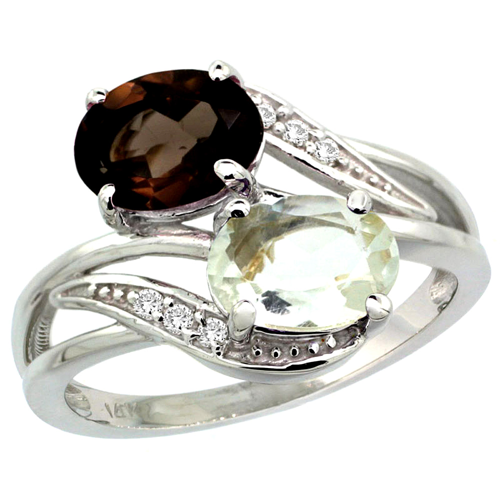 10K White Gold Diamond Natural Green Amethyst & Smoky Topaz 2-stone Ring Oval 8x6mm, sizes 5 - 10