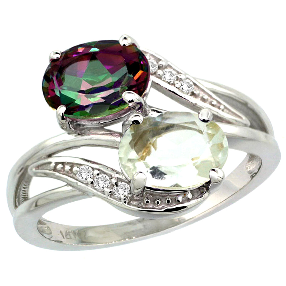 10K White Gold Diamond Natural Green Amethyst & Mystic Topaz 2-stone Ring Oval 8x6mm, sizes 5 - 10