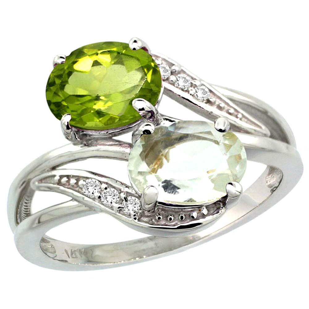 10K White Gold Diamond Natural Green Amethyst & Peridot 2-stone Ring Oval 8x6mm, sizes 5 - 10