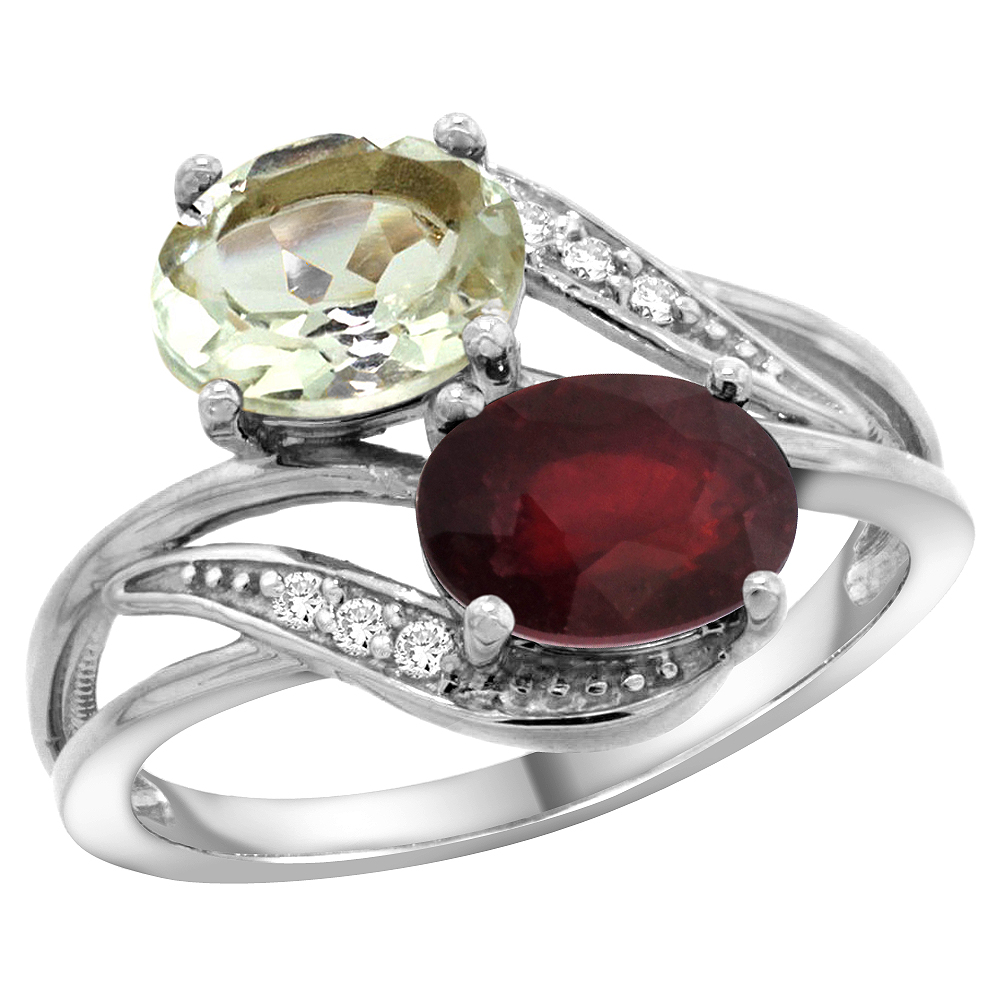 10K White Gold Diamond Natural Green Amethyst Ruby 2-stone Mothers Ring Oval 8x6mm size 5 - 10